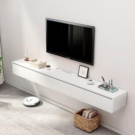 WOLWES Lowboard Hängend TV Schrank Holz Fernseher Tisch Modern TV Board Mit Schubladen Fernsehschrank TV Möbel Wohnzimmer (Color : Wit, Size : 120cm)
