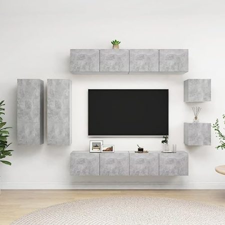IKAYAA 8-TLG. TV-Schrank-Set Lowboard Wohnwand Set TV Board Hängend Betongrau Fernsehschrank TV-Schrank Wohnwand Wohnzimmer TV Möbel Hängeboard Wohnwand 80 x 30 x 30 cm Holzwerkstoff