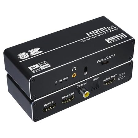 Tendak HDMI 2.1 Audio Extraktor, HDMI Audio Splitter 8K@60Hz HDMI zu HDMI/Optisch Spdif/Coaxial/3,5mm Stereo Audio Konverter Unterstützung 4K@120Hz HDCP 2.3 EDID VRR HDR 10+ 7.1CH Atmos for PS5 Xbox