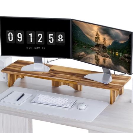 Tinamo Doppel-Monitorständer aus Akazienholz, Monitorerhöhung aus Holz für Schreibtisch, Computer-Monitorständer für Schreibtisch, Mehrzweck-Desktop-Aufbewahrungsständer für Computer, Laptop, Drucker,