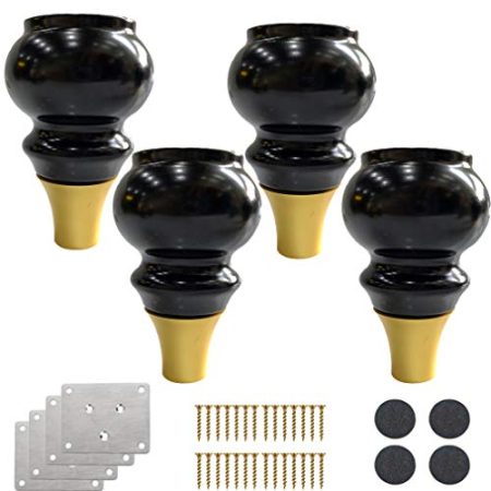 4 Massivholz Sofabeine Küchen Möbelfüße Kürbisförmig Möbelbeine,Ersatz Stützfüße Schrankfüße Bettbeine Kaffeetischbeine TV-Kabinettfüße Tischbeine Couch Holzfuß,Goldene Basis,Mit Zubehör(12cm-black)