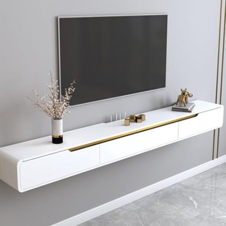 Ahtadums Massivholz TV Lowboard Hängend Weiss, TV Schrank hängend mit 2 Schubladen TV Board hängend Hängeschrank Wandregal komplett montiert (White, 150cm)