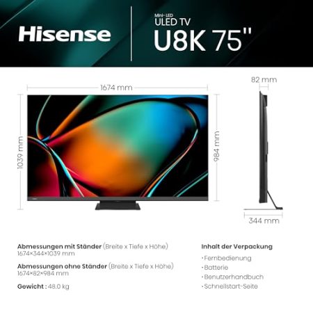 Hisense 75U8KQ Mini LED 4K ULED Smart TV - - 190,5 cm (75 Zoll) Dolby Vision IQ & Atmos, 120Hz Panel, Game Mode Pro, UHD AI Upscaler, HDR10+, Bluetooth, Apple AirPlay, Alexa, anthrazit [2023]
