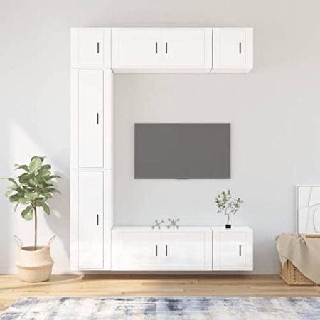 ZEYUAN 7-TLG. TV-Schrank-Set, Wohnzimmer Möbel, Sideboard Wohnzimmer, Fernsehschrank, Tv Lowboard, Tv Kommode, Wohnwand, Tv Möbel, Hochglanz-Weiß Holzwerkstoff
