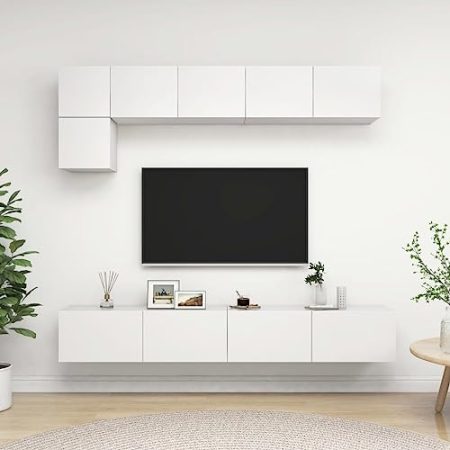 Annlera 5-TLG. TV-Schrank-Set Holzwerkstoff Sideboard Hängend Wohnwand Hängend Wohnwand Modern Tv Möbel Tv Cabinet Wohnwand Holz Tv Unterschrank Tv Board Holz Lowboard Hängend Weiß