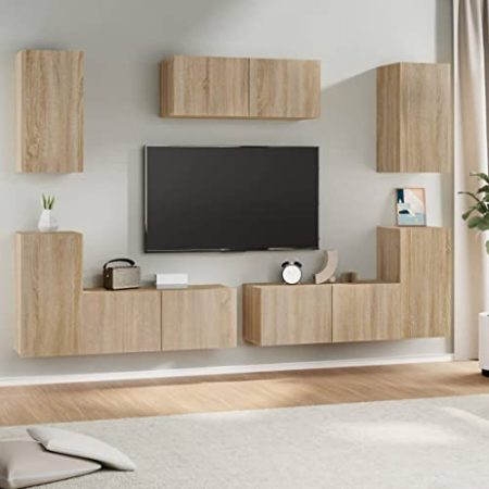 HETFTJN 7-TLG TV-Schrank-Set, Fernsehtisch Hoch Tv Board Tv Lowboard Fernseher Tisch Modern Geeignet für Den Flur Fernseher Wohnzimmer Kleine Räume Sonoma-Eiche Holzwerkstoff