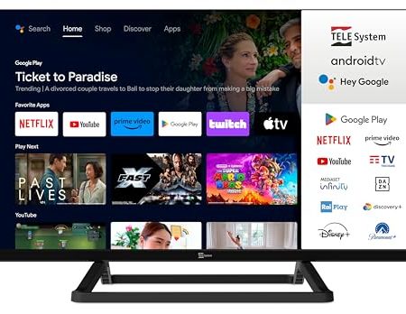 TELE System Smart TV 24 Zoll TS24FL SMG14 Android TV, DVB-T2, Chromecast Eingebaut, Zertifiziertes CAM tivùsat HD, 12V DC/220V AC, Fernbedienung mit Google Assistant Sprachsteuerung