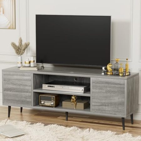 YESHOMY Moderner TV-Schrank für 65-Zoll-Fernseher, Entertainment-Center mit Zwei Aufbewahrungsschränken, Multimedia-Konsole im Retro-Stil, für Wohnzimmer, Schlafzimmer, Büro, 147 cm, Hellgrau