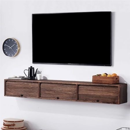 Wandmontierter TV-Schrank mit Rolltür-Design, Massivholz, schwimmender TV-Ständer mit 3 Schubladen und Kordellöchern, Medienkonsole für Wohnzimmer, Schlafzimmer