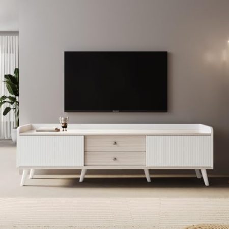 HETHLIO Tv Möbel, TV-Schrank mit Zwei Schubladen, TV-Tisch, TV-Paneel, TV-Schrank mit Zwei Schiebetüren für Wohnzimmer, Schlafzimmer und andere Wohnräume, 160 x 40 x 58 cm(Weiß + 40-49 inches)
