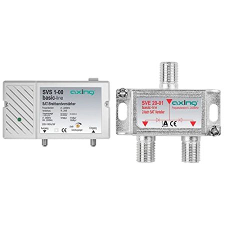 Axing SVS 1-00 Satelliten-Breitbandverstärker (25dB, 47-2200 MHz) & SVE 20-01 2-Fach SAT-Verteiler Splitter mit DC-Durchgang für Satelliten-Anlagen Unicable DVB-T2 HD (5-2400 MHz) Class A