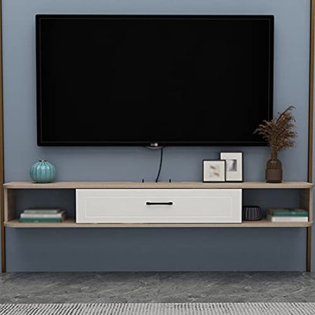 TV Board HäNgend, Wandmontierter Tv-Schrank Mit Einer Schublade, Clamshell-Design Mit DrahtlöChern, Geeignet FüR Projektor-Kabelbox-Spielkonsole/D / 140cm