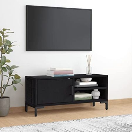 VACARX TV-Schrank, 90 x 30 x 40 cm, massives recyceltes Kiefernholz, Artikelfarbe: Schwarz