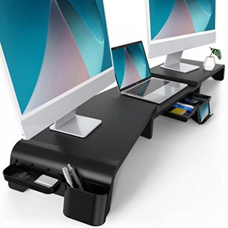 Fenge Dual Monitorständer Bildschirmständer aus Holz für Computer TV Laptop,Monitor Stand Swivel Länge Justierbar mit Schublade, Telefonhalter, 75-119 x 23,5 x 8,9 cm Schwarz G04C1122B