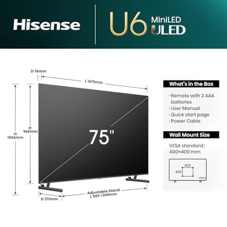 Hisense 75U6NQ 189 cm (75 Zoll) Fernseher 4K Mini LED ULED HDR Smart TV, 60Hz, HDMI 2.0, Game Mode Plus, Dolby Vision & Atmos, Bluetooth, Alexa Built-in, Anthrazit, [2024]