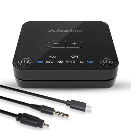 Avantree Audikast 3 - Bluetooth 5.3 Transmitter Sender für TV mit Optischem oder AUX-Audioausgang, aptX-Adaptive, Dual Link für 2 Kopfhörer und 30 Meter Reichweite