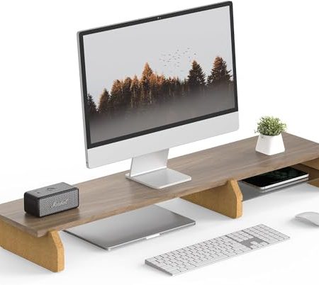 Fenge Dual Monitorständer, Bildschirmständer, Beine aus Umweltfreundlichem Kork für Computer TV Laptop, Monitorständer,108x23,5x11,6cm, Tragfähigkeit 45KG, Braun