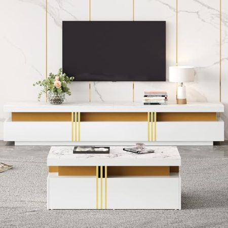 YESGIGA Moderner Lowboard TV-Schrank mit Marmor-Optik, TV-Board, TV-Kommode, Für Fernseher bis 90 Zoll (Weiß C)
