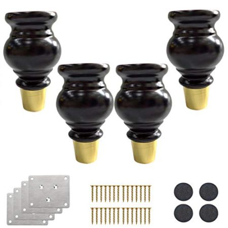 4 Massivholz Sofabeine Küchen Möbelfüße Kürbisförmig Möbelbeine,Ersatz Stützfüße Schrankfüße Bettbeine Kaffeetischbeine TV-Kabinettfüße Tischbeine Couch Holzfuß,Goldene Basis,Mit Zubehör(15cm-black)