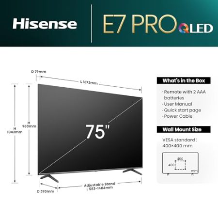 Hisense 75E7NQ Pro 189 cm (75 Zoll) Fernseher, 4K UHD, QLED, Smart TV, Total HDR, Dolby Vision IQ Atmos, 144Hz (VRR), HDMI 2.1, Game Mode PRO, Triple Tuner, Alexa Built-In, Dunkelgrau, [2024]