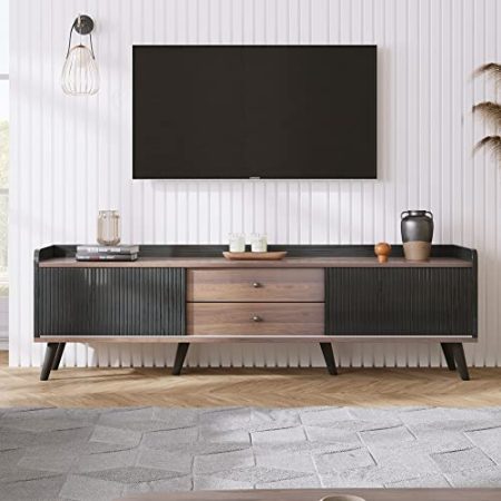 FocusOnHome TV-Schrank mit Zwei Schubladen, Fernsehtisch TV Board, TV- Lowboard niedrige Platte mit Zwei Schiebetüren. Exquisite Textur. Schwarz und natürliches Holzfarbe. H58/L160/T40 cm
