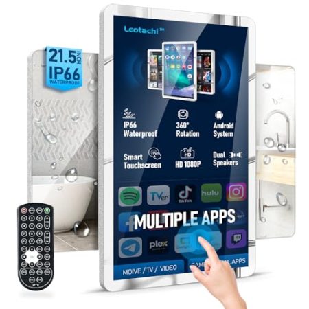 21,5 Zoll Smart Touch Screen Magic Mirror IP66 Wasserdichter Fernseher für Badezimmerdusche – Full HD 1080P, 500 Nits, Android 11.0 kompatibel mit mehreren APPs, WiFi/LAN/USB/BT/HDMI (silberner Rand)