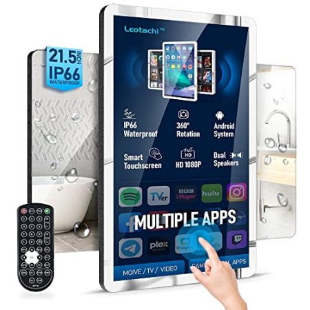 21,5 Zoll Smart Touch Screen Magic Mirror IP66 Wasserdichter Fernseher für Badezimmerdusche Spiegel – Full HD 1080P, 500 Nits, Android 11.0 kompatibel mit mehreren APPs, WiFi/LAN/USB/BT/HDMI (schwarz)