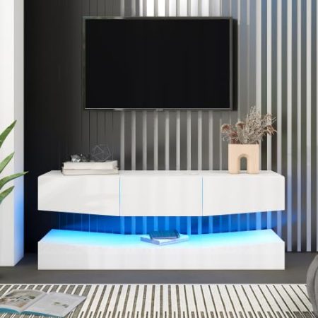 Générique TV-Ständer, weiß, glänzend, TV-Ständer, TV-Schrank mit LED-Beleuchtung, schwebende Wand, TV-Halterung, Unterhaltung, Center für Konsolen, Medien, für Wohnzimmer, Zuhause, Büro (weiß)