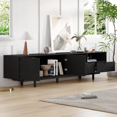 HETHLIO TV-Schrank, Fernsehtisch für das Wohnzimmer, moderner TV-Tisch, Stilvolles Wohnzimmermöbel, Moderne minimalistische Schranktür Dekoration mit Stauraum 200 * 40 * 51cm (Schwarz)