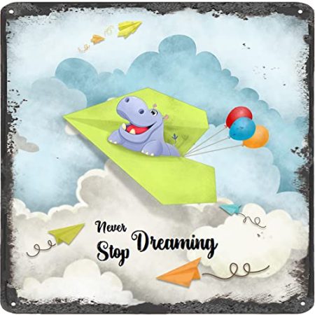Finamille Inspirierende Wandkunst – Never Stop Dreaming, Nilpferd Vintage Blechschild – Ballondekoration – Papier Flugzeug motivierendes Poster quadratisches Schild 30,5 x 30,5 cm