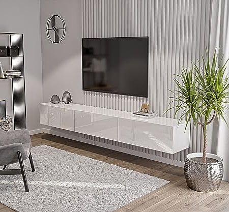 HAJDUK FURNITURE Wohnwand Weiß Full Hochglanz TV Lowboard 270 cm Hängeschrank TV Board Hängend Schrank Fernsehschrank TV Bank Wohnzimmer Möbel Modern Wandschrank