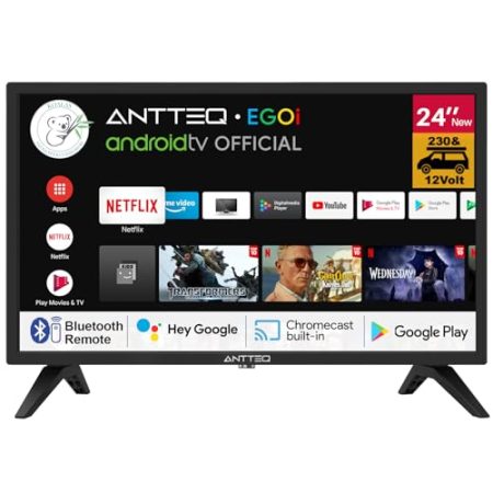 Antteq G24-AH3CF1D Smart TV 24 Zoll(61 cm) mit 12 Volt KFZ-Adapter Google TV,HD,Triple Tuner,DAZN,WiFi,Bluetooth-Sprachfernbedienung,230V/12V,2024