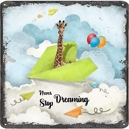 Finamille Inspirierende Wandkunst – Never Stop Dreaming, Giraffe Vintage Blechschild – Ballondekoration – Papier Flugzeug motivierendes Poster rustikales Wandschild 30,5 x 30,5 cm