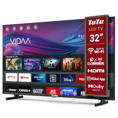 TuTu Fernseher 32 Zoll, VIDAA Smart TV mit WLAN, App Store, Triple Tuner (DVB-T/T2, DVB-C, DVB-S/S2), HDMI, USB [TUV32HQ1B, 2024]