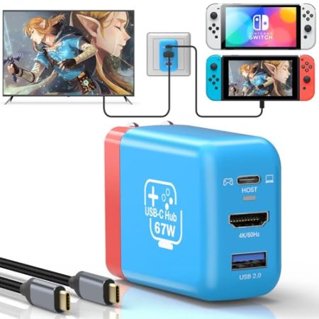 67W USB C Ladestation für Nintendo Switch/OLED, Tragbare Reise-TV-Dockingstation mit 4K HDMI/USB2.0/PD Ladeanschluss, Schnellladeadapter mit USB-C Kabel Laptop