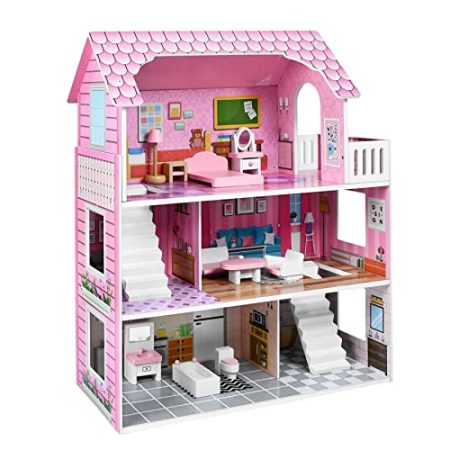 Froadp Puppenhaus Holz Haus Große Puppenvilla Mädchen Spielset mit Möbeln und Zubehör Dollhouse 3 Etagen Barbyhaus Traumvilla Mädchen und Jungen (Typ A, 60x27x70cm)
