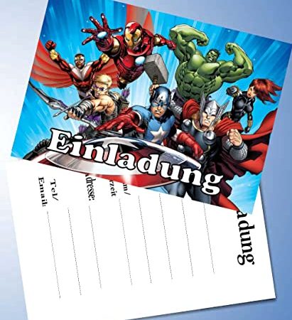 TV-24 12 Einladungskarten & 12 Umschläge für Geburtstagsfeiern und Kindergeburtstage The Avengers Nr. 1