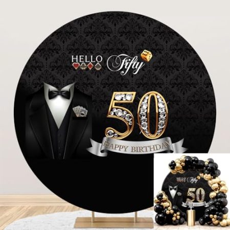 TTQYFNM 2,3 x 2,3 m großer runder Hintergrund für Männer zum 50. Geburtstag, schwarze Krawatte, Anzug, Smoking, Hello Fifty Diamonds Gold, 50. Geburtstag, Party, Zubehör, Fotoautomaten-Requisiten
