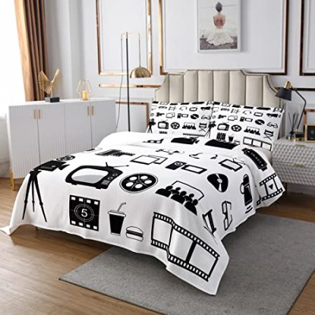 Film Tagesdecke 220x240 Film Theater Gesteppt Schwarz Und Weiß Tagesdecke Quilt-Set für Kinder Jugendliche,Karikatur Unterhaltung Kamera Musik Tv Tagesdecke Clapboard Essen Getränk Raum Dekor