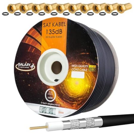 HB-DIGITAL 135dB 100m Koaxial SAT Kabel Reines KU Kupfer Schwarz Koax Kabel Antennenkabel 5-fach geschirmt für DVB-S/S2 DVB-C und DVB-T BK Anlagen + 10 vergoldete F-Stecker mit Gummiring Gratis dazu