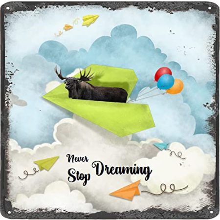 Finamille Inspirierende Wandkunst – Never Stop Dreaming, Elch Vintage Blechschild – Ballondekoration – Papier Flugzeug motivierendes Poster quadratisches Schild 30,5 x 30,5 cm