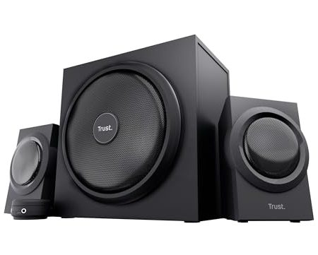 Trust Yuri 2.1 PC Lautsprecher mit Subwoofer, 120W Spitzenleistung, Subwoofer aus Holz mit einem Starken 5,25 Zoll-Basstreiber, Lautstärkeregelung mit Kopfhörer- und Line-In-Anschluss, Schwarz