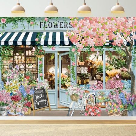 Flowers Shop Hintergrund, 3 x 2,4 m, Blumen und Geschenke, Topfpflanzen, Schmetterling, Hallo Frühling, Banner, Hintergrund für Fotografie, Frühling, Tee, Party, Dekorationen, Zubehör, Foto-Requisiten