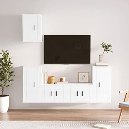 Homgoday 5-teiliges TV-Schrank-Set Hochglanz-Weiß Holzwerkstoff Entertainment Center Schrank TV-Ständer HiFi-Schrank Stereoschrank TV-Einheit Wohnzimmermöbel Innenaufbewahrung Truhe Typ10