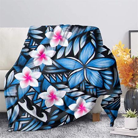 iftoday Überwurfdecke, Marineblau, polynesischer Tattoo-Blumendruck, ultraweich, flauschig, Bettüberwurf, Couch, Bett, Sofa, Dekoration, Zubehör, waschbar