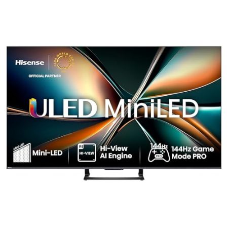 Hisense 55U7Q Fernseher 55 Zoll, 4K Mini LED ULED, Smart TV, Hi-View AI Engine, 144Hz Game Mode Pro, FreeSync Premium, Built in Subwoofer, Dolby Vision IQ Atmos, Airplay, Sprachsteuerung[2025]