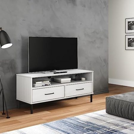 WSJHUHK Home-Entertainment Center & TV-Ständer, TV-Schrank mit Metallbeinen, Weiß, Massivholz, Kiefer OSLO