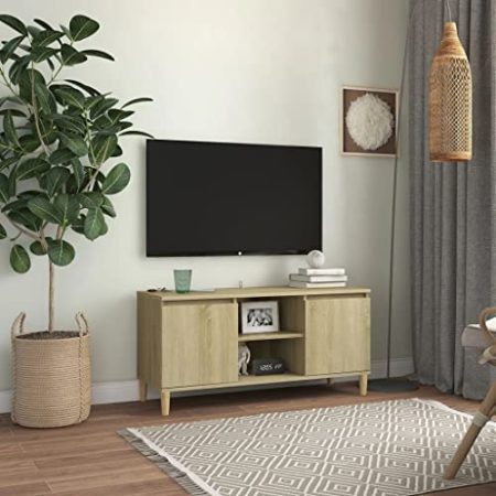WKIEQACO Entertainment Centers & TV-Ständer, TV-Schrank mit Massivholzbeinen, Sonoma-Eiche, 103,5 x 35 x 50 cm