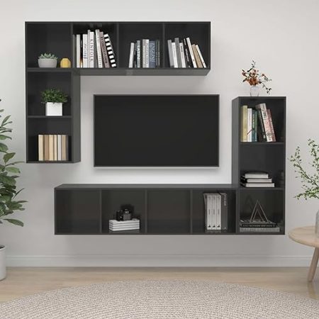 ZEYUAN 4-TLG. TV-Schrank-Set, Tv-möbel & Phonomöbel, Wohnwand Wohnzimmer, Zimmer Möbel, Wandschrank, Hochglanz-Grau Spanplatte