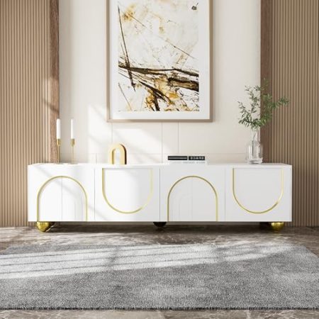 Wiuzo TV-Schrank, lowboard mit strukturierten Türen, goldenen Verzierungen, goldenen runden Beinen, inklusive Einlegeböden, Push-to-Open
